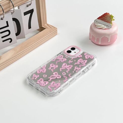 NITITOP Compatible with iPhone 12/12 Pro Case Cute Mirror Bow Love Heart Pattern for Women Girls Ribbon Design Shockproof Silver Protective Phone Cover - Pink Bow in Saudi Arabia