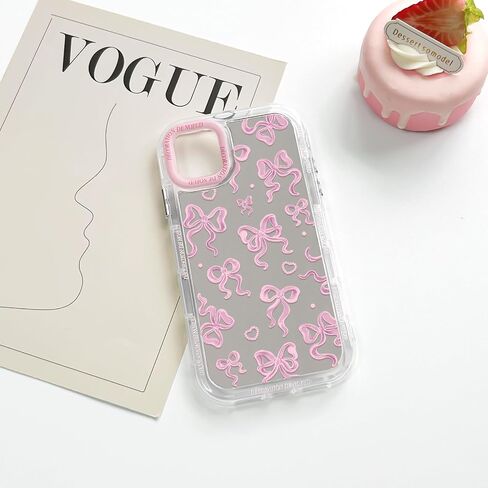 NITITOP Compatible with iPhone 12/12 Pro Case Cute Mirror Bow Love Heart Pattern for Women Girls Ribbon Design Shockproof Silver Protective Phone Cover - Pink Bow in Saudi Arabia