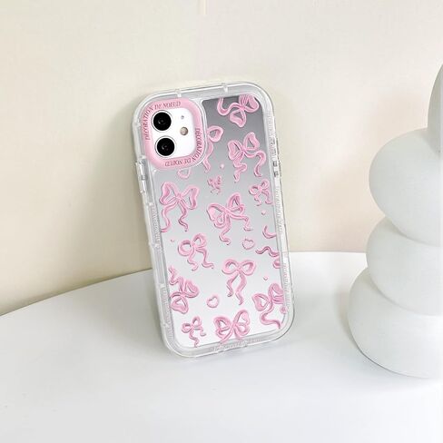 NITITOP Compatible with iPhone 12/12 Pro Case Cute Mirror Bow Love Heart Pattern for Women Girls Ribbon Design Shockproof Silver Protective Phone Cover - Pink Bow in Saudi Arabia