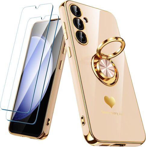 for Samsung Galaxy S23 FE 5G Case with 2 Pack Screen Protector, 360° Rotatable Ring Holder [Luxury Hearts Pattern] Plating Gold Edge Slim Soft Phone Cover Case for Galaxy S23 FE - Purple in Saudi Arabia