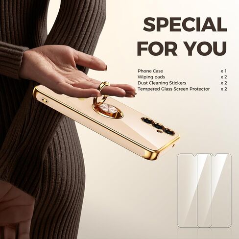 for Samsung Galaxy S23 FE 5G Case with 2 Pack Screen Protector, 360° Rotatable Ring Holder [Luxury Hearts Pattern] Plating Gold Edge Slim Soft Phone Cover Case for Galaxy S23 FE - Purple in Saudi Arabia