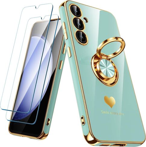 for Samsung Galaxy S23 FE 5G Case with 2 Pack Screen Protector, 360° Rotatable Ring Holder [Luxury Hearts Pattern] Plating Gold Edge Slim Soft Phone Cover Case for Galaxy S23 FE - Purple in Saudi Arabia