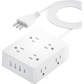 Italy Travel Plug Adapter, Olcorife US to Italy Type L Plug Adapter, International Power Strip with 8 Outlets and 4 USB(1 USB-C), 5 FT Cord for Italy Chile Ethiopia Libya