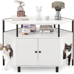 Tangkula Corner Cat Litter Box Enclosure, Decorative Pet Cabinet Furniture with Open Shelf, 2 Entrances, Hidden Cat Washroom, Double-Door Cat House for Indoor Cats, as Storage Cabinet (Rustic Brown)