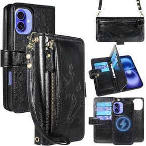 Lacass for iPhone 16 6.1 inch Detachable Crossbody Wallet Case, Compatible with MagSafe Wireless Charging, [Cards Theft Scan Protection], Magnetic Case Stand PU Leather Zipper(Floral Cyan Green)