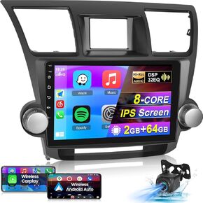 8-Core Car Stereo for Toyota Highlander 2009-2014 - [2+64G] 10.1 inch IPS Touchscreen Android Radio - Wireless Carplay & Android Auto/WiFi/DSP/32EQ/59 UI Themes/Customize Homepage + AHD Backup Camera