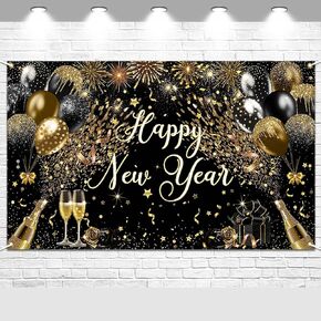 Avezano Happy New Year Party Backdrop Banner Black Gold New Year Party Decoration Supplies 2024 Balloon Firework Cheers New Year Party Photo Props Background (70.8x43.3inch)