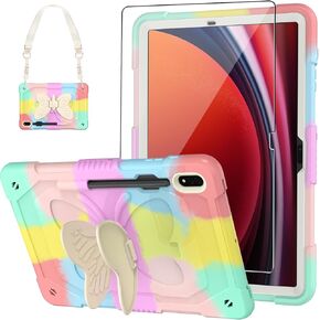 BLOSOMEET Pink Case for Samsung Galaxy Tab S9 11" 2023 (SM-X710/X716B/X718U) with Tempered Glass Screen Protector Shoulder Strap,Kids Galaxy S9 Tablet Case with Butterfly Stand & Pencil Holder