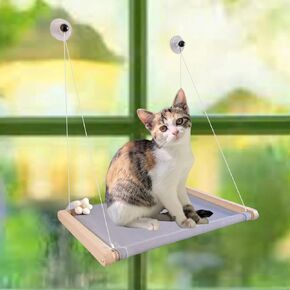 Cat Window Perch | Cat Hammock for Window Beech Wood | 4 Screw-in Suction Cups| Sturdy Cat Window Bed Seat for Large Heavy Cat or 2 Cats (Khaki)