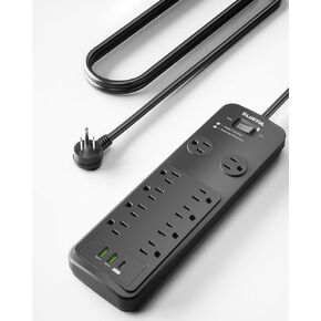 Surge Protector Power Strip 10FT(2040J), PLUGTUL Surge Protector with 10 Outlets - Spacious Design for Large Plugs, Flat Plug, 20W USB C Charging for Home, Office, ETL Listed