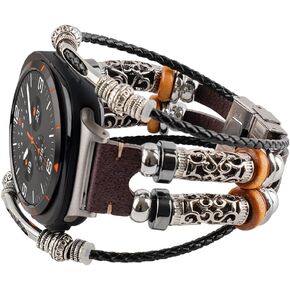 Compatible with 2024 Samsung Galaxy Watch 7 Ultra Band 47mm, Leather Boho Bracelets Jewelry Cross Charms Retro Strap for Men&Women
