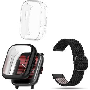 Cases and Watch Strap Compatible for Amazfit Active Smartwatch Screen Protector, Soft TPU Full Coverage Smartwatch Case and Nylon Loop Braided Watch Band (Pack of 2+1)
