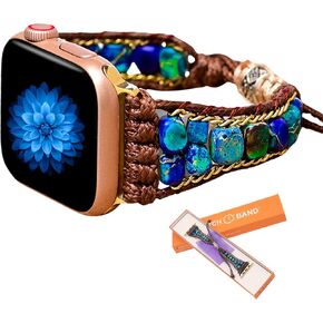 Women Handmade Boho Beaded Watch Band Compatible with Apple Watch Bands Dressy Bracelets Adjustable Braided Stone Watch Strap for Iwatch Series9 8 7 6 5 4 3 2 1 SE Ultra(Blue-42/44/45mm)