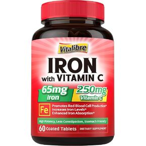 Iron Supplement 65mg with Vitamin C, Stomach Friendly Carbonyl Iron, High Potency & Absorption, for Healthy Iron & Energy Levels, Supports Red Blood Cell Production, 120 Tablets