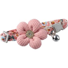 Cute Rhinestone Flower Cat Collar, Kitten Collars with Bells for Cats Puppy and Small Pets, Adjustable 8.6-11 Inch(Pink)