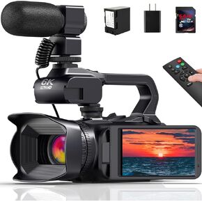 6K Video Camera Camcorder, 64MP 18X Digital Zoom IR Night Version Vlogging Camera for YouTube, HD WiFi Video Camera with 4500mAh Battery, SD Card, Stabilizer, Mic, Remote Control and Charger