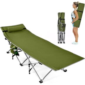 GYMAX Camping Cot, Folding Portable Lightweight Sleeping Cot with Pillow, 2 Side Pockets & Carrying Bag, 500 lbs Heavy Duty Outdoor Cot Bed for Camping Hiking RV Traveling Beach Office (Blue)