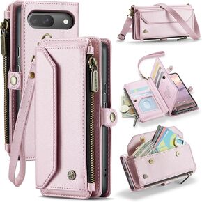 for Google Pixel 9/9 Pro Case, Women Men Multi-Function Wallet Case with Stand RFID Blocking Featuring Magnetic Closure Zipper Includes Shoulder Strap Wrist Strap (Black)
