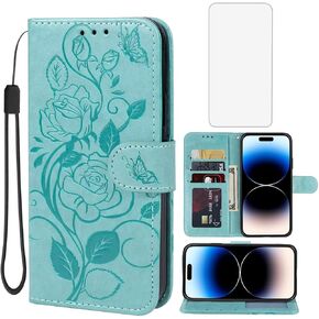 Case for iPhone 14 Pro Wallet Case with Tempered Glass Screen Protector, Flower Leather Flip Credit Card Holder Stand Phone Cover Cases for iPhone 14 Pro Blue