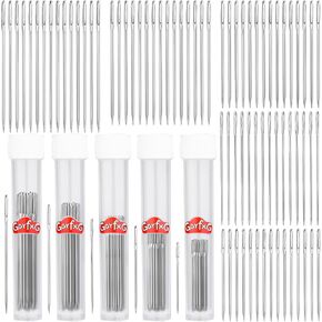 GarfxG 75 PCS Large Eye Sewing Needles, 5 Sizes Sewing Sharp Needles, Leather Needle Embroidery Thread Needle, Stainless Steel Yarn Knitting Needles with Threaders for Hand Sewing Art Crafts