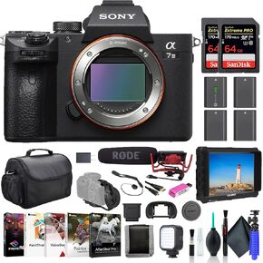 Sony a7 III Mirrorless Camera ILCE7M3/B, 4K Monitor, Rode VideoMic, 2 x 64GB Memory Card, Bag, 3 x NP-FZ100 Compatible Battery, Card Reader, LED Light, Corel Photo Software, and More