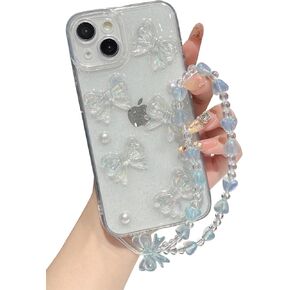Compatible for iPhone 16 Pro Case (6.3-inches, 2024) with Cute 3D Bowknot and Pearl Patterns + Bow Crystal Sparkle Sparkly Chain Aesthetic Design for Women Teen Girls
