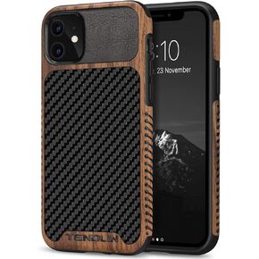 TENDLIN Compatible with iPhone 11 Pro Max Case Wood Grain with Carbon Fiber Texture Design Leather Hybrid Case