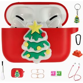 Christmas Tree Silicone Case for Apple Airpod Pro 2, 7 in 1 Accessories Set Protective Cover, Silicone Case/Keychain/Carabiner/Metal dust Sticker/Cleaning Brush/Anti-Lost Rope,The Best Gift