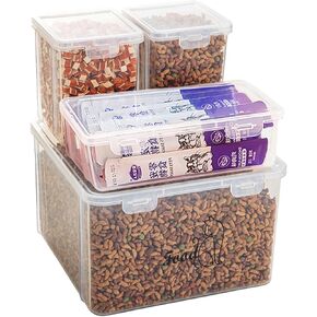 Set of 4 Pet Food Storage Container Combo,Airtight Cat Food Container with Lid-Cat Food Bin,Dog Food Storage,Clear Dog Cat Treat Container,Stackable/BPA Free，Keeps Fresh & Dry