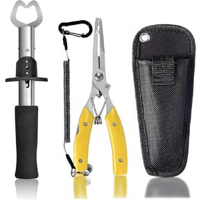 Fishing Pliers, Lip Gripper Stainless Steel Upgraded Multifunctional Fishing Pliers Hook Remover Split Ring，with Coiled Lanyard Set Fly Fishing, Ice Fishing, Fishing Gifts for Men, Angler Friends