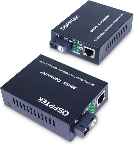 QSFPTEK زوج 1.25 جيجا/ثانية محول وسائط Bidi Gigabit، 10/100/1000Base-Tx إلى 1000Base-FX غطاء إيثرنت من الألياف، جهاز إرسال واستقبال SC Bidi أحادي الوضع TX1310nm/TX1550nm، 10 كجم in Saudi Arabia