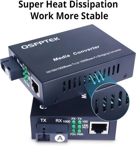 QSFPTEK زوج 1.25 جيجا/ثانية محول وسائط Bidi Gigabit، 10/100/1000Base-Tx إلى 1000Base-FX غطاء إيثرنت من الألياف، جهاز إرسال واستقبال SC Bidi أحادي الوضع TX1310nm/TX1550nm، 10 كجم in Saudi Arabia
