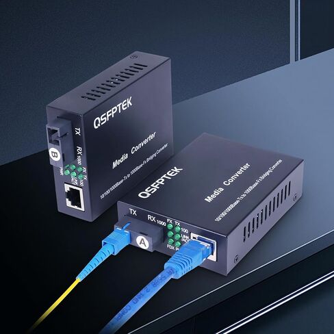 QSFPTEK زوج 1.25 جيجا/ثانية محول وسائط Bidi Gigabit، 10/100/1000Base-Tx إلى 1000Base-FX غطاء إيثرنت من الألياف، جهاز إرسال واستقبال SC Bidi أحادي الوضع TX1310nm/TX1550nm، 10 كجم in Saudi Arabia