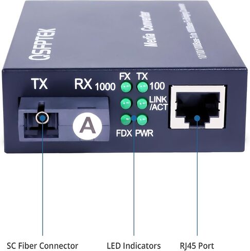 QSFPTEK زوج 1.25 جيجا/ثانية محول وسائط Bidi Gigabit، 10/100/1000Base-Tx إلى 1000Base-FX غطاء إيثرنت من الألياف، جهاز إرسال واستقبال SC Bidi أحادي الوضع TX1310nm/TX1550nm، 10 كجم in Saudi Arabia
