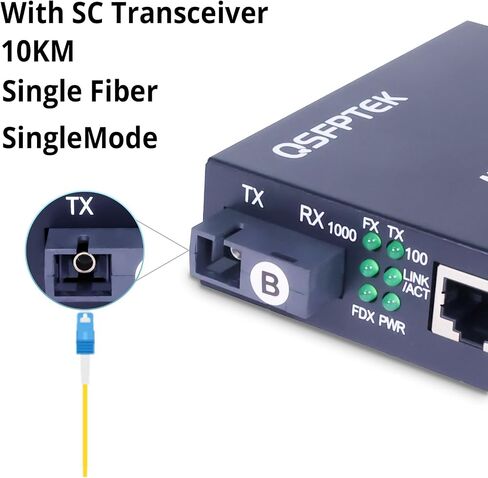 QSFPTEK زوج 1.25 جيجا/ثانية محول وسائط Bidi Gigabit، 10/100/1000Base-Tx إلى 1000Base-FX غطاء إيثرنت من الألياف، جهاز إرسال واستقبال SC Bidi أحادي الوضع TX1310nm/TX1550nm، 10 كجم in Saudi Arabia