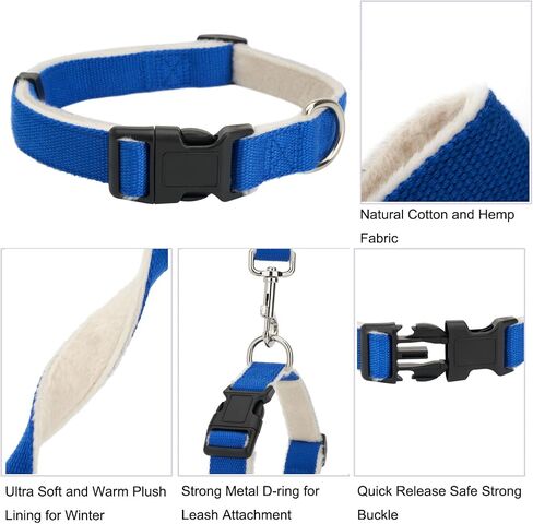Hemp Dog Collar with Fleece Padded Soft Warm Furry Dog Collars for Small Medium Large Dogs,Blue,Large in Saudi Arabia