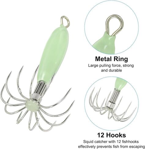 PATIKIL 12g Luminous Squid Jig Hooks, 5 Pcs Cuttlefish Sleeve Saltwater Fishing Lures Bait Jig Glow in Dark with 12 Stainless Steel Needles, Green in Saudi Arabia