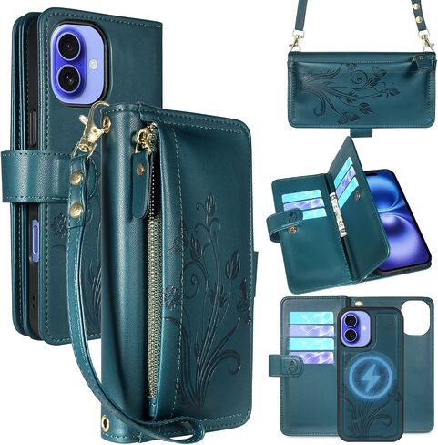 Lacass for iPhone 16 6.1 inch Detachable Crossbody Wallet Case, Compatible with MagSafe Wireless Charging, [Cards Theft Scan Protection], Magnetic Case Stand PU Leather Zipper(Floral Cyan Green) in Kuwait