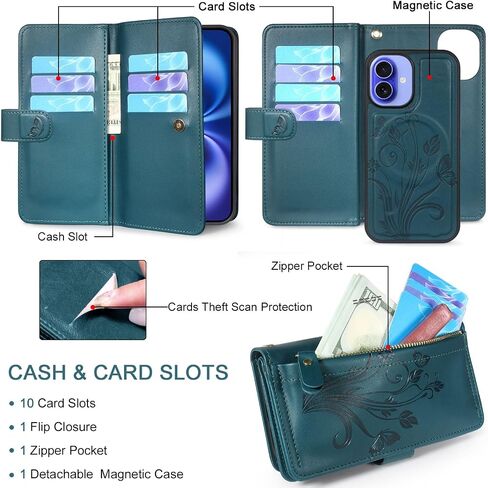 Lacass for iPhone 16 6.1 inch Detachable Crossbody Wallet Case, Compatible with MagSafe Wireless Charging, [Cards Theft Scan Protection], Magnetic Case Stand PU Leather Zipper(Floral Cyan Green) in Kuwait