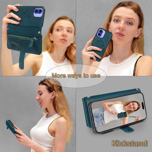 Lacass for iPhone 16 6.1 inch Detachable Crossbody Wallet Case, Compatible with MagSafe Wireless Charging, [Cards Theft Scan Protection], Magnetic Case Stand PU Leather Zipper(Floral Cyan Green) in Kuwait