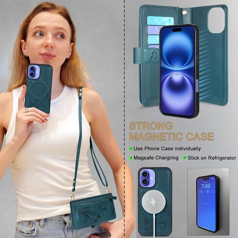 Lacass for iPhone 16 6.1 inch Detachable Crossbody Wallet Case, Compatible with MagSafe Wireless Charging, [Cards Theft Scan Protection], Magnetic Case Stand PU Leather Zipper(Floral Cyan Green) in Kuwait