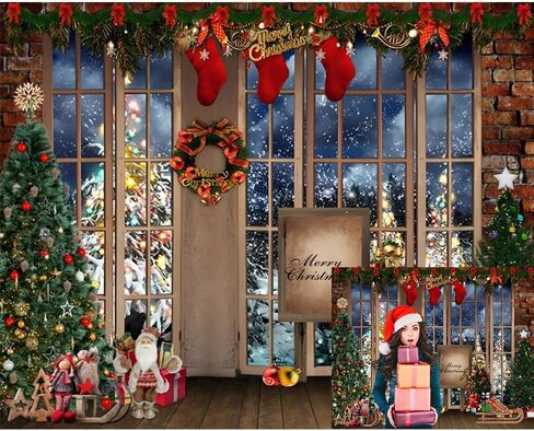 Winter Christmas Backdrop 10x8ft Merry Christmas Photo Backdrop for Photography Window Xmas Tree Gift Background Christmas Party Backdrop Decoration Kids Adults Family Xmas Eve Party Props in Saudi Arabia