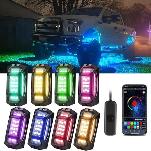 YUGUANG 8 Pods Rock Lights, APP Control Rock Lights for Trucks Music Sync Multicolor Waterproof RGB Underglow LED Lights kit for Car Truck UTV ATV RZR SUV in Saudi Arabia