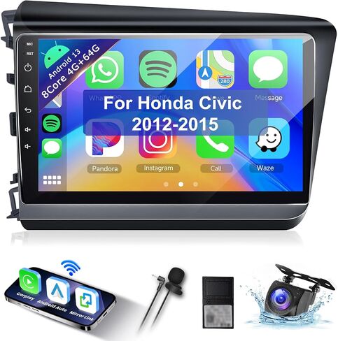 8Core 4+64G Car Stereo for Honda Civic 2012-2015 Wireless Carplay Android Auto,9 inch 1280 * 720P IPS Touch Screen Radio, Android/GPS/WiFi/32band DSP Audio/Bluetooth/SWC/Backup Camera in Saudi Arabia