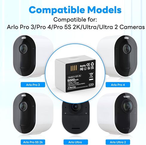 حزمة واحدة من بطارية بديلة لـ Arlo pro 4، 2024 بطارية ليثيوم عالية السعة 5000 مللي أمبير في الساعة، متوافقة مع كاميرا Arlo Pro 5/5S 2K/Arlo Pro 3/Pro 4/Ultra/Ultra 2 in Kuwait