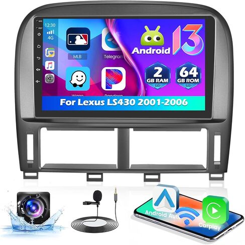 ستيريو سيارة لكزس LS430 2001-2006 مع Carplay اللاسلكي Android Auto، 2+64 جيجابايت Android 13 9 بوصة HD شاشة تعمل باللمس راديو السيارة مع نظام تحديد المواقع Navi WiFi BT FM RDS SWC EQ Mirror Link + AHD كاميرا احتياطية ميكروفون in Saudi Arabia