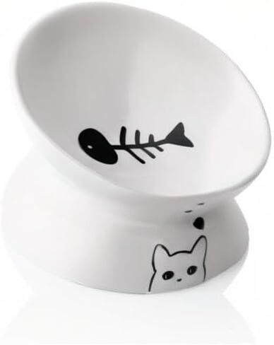 Sweejar Ceramic Raised Cat Bowls, Slanted Cat Dish Food or Water Bowls, Elevated Porcelain Pet Feeder Bowl Protect Cat's Spine, Stress Free, Backflow Prevention (BlackNew) in Kuwait
