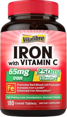Iron Supplement 65mg with Vitamin C, Stomach Friendly Carbonyl Iron, High Potency & Absorption, for Healthy Iron & Energy Levels, Supports Red Blood Cell Production, 120 Tablets in Saudi Arabia