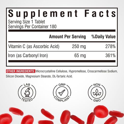 Iron Supplement 65mg with Vitamin C, Stomach Friendly Carbonyl Iron, High Potency & Absorption, for Healthy Iron & Energy Levels, Supports Red Blood Cell Production, 120 Tablets in Saudi Arabia