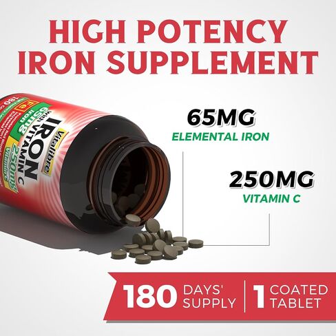 Iron Supplement 65mg with Vitamin C, Stomach Friendly Carbonyl Iron, High Potency & Absorption, for Healthy Iron & Energy Levels, Supports Red Blood Cell Production, 120 Tablets in Saudi Arabia